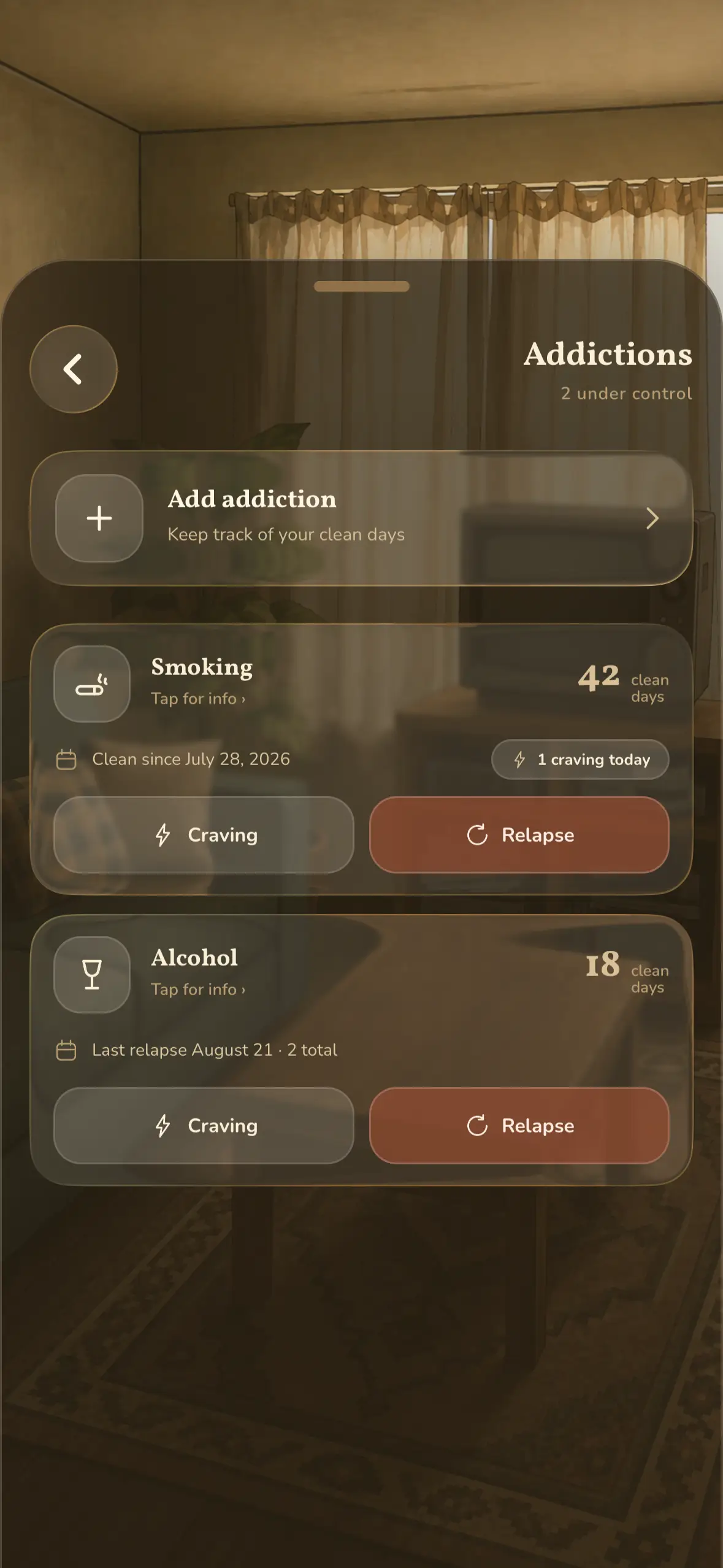 The Addictions screen: two clean-day counters, each with a Craving and a Relapse button.